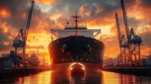 Large cargo ship docked at a port during sunset with cranes on both sides and cloudy sky reflections on the water.