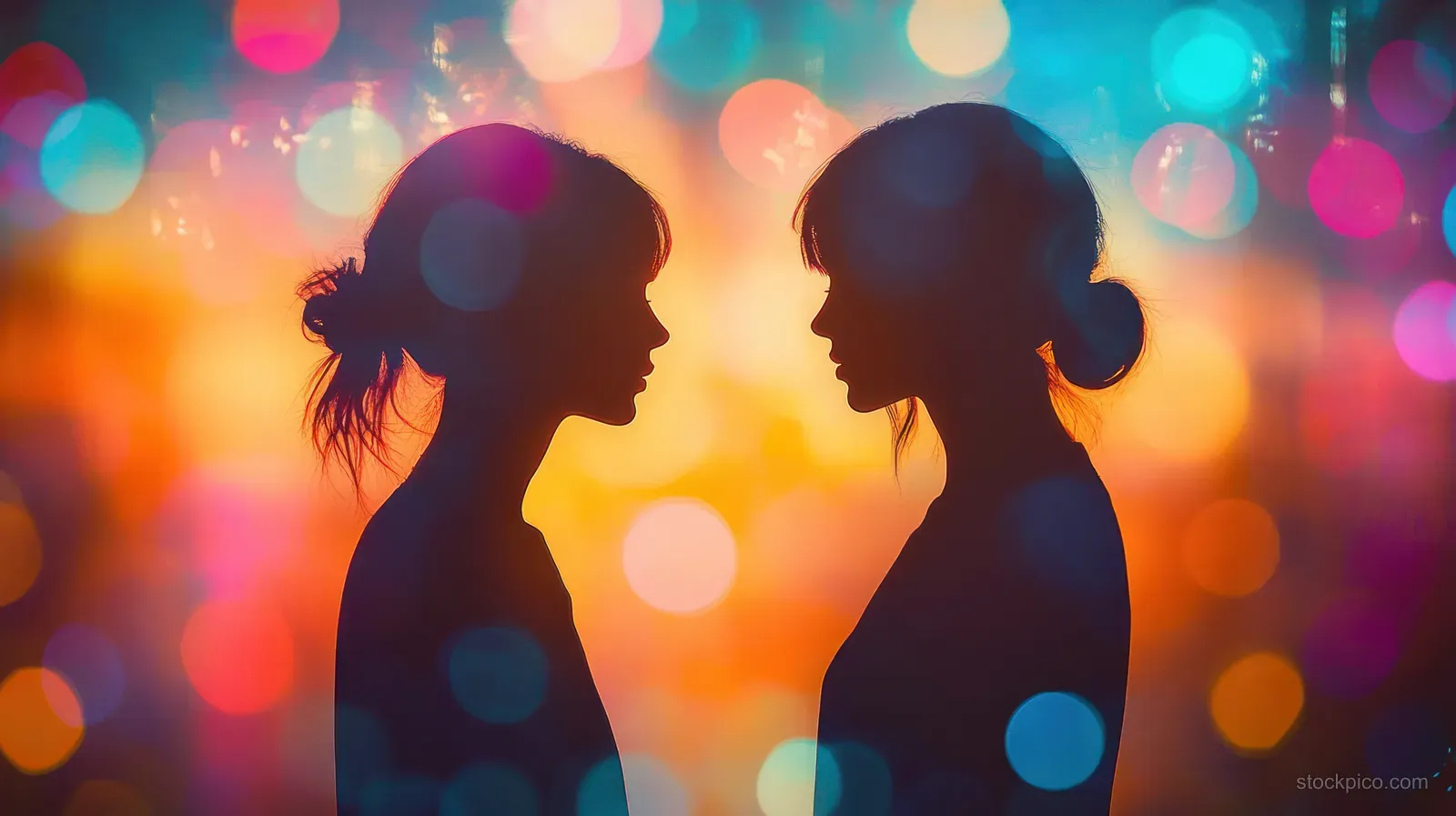 Two women face each other in silhouette with colorful blurred bokeh lights behind them at dusk.