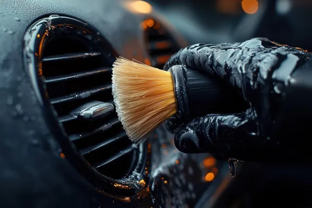 Wet gloved hand uses a soft brush to clean water-dotted car air vent slats under dim lighting.
