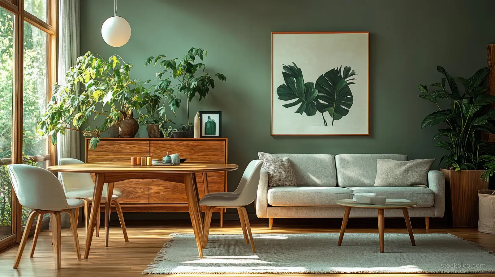 Sunlit living and dining room with wooden table, cream sofa, green plants, and large window casting warm light.