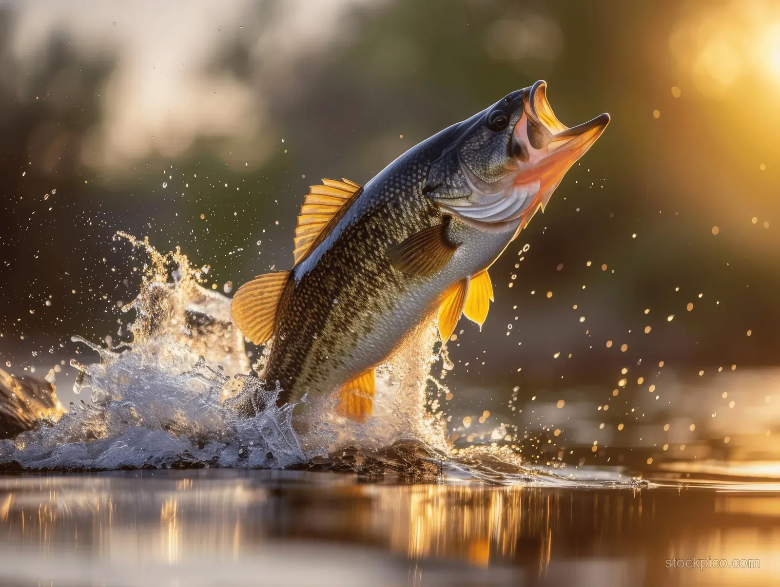A largemouth bass leaps out of lake water at golden hour, spraying droplets in a warm backlit scene.
