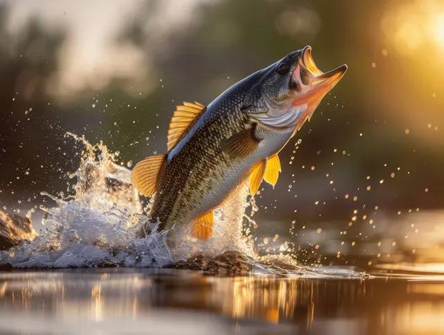 Largemouth bass leaps from lake water at golden hour with splashing droplets frozen midair with Shallow Depth Of Field