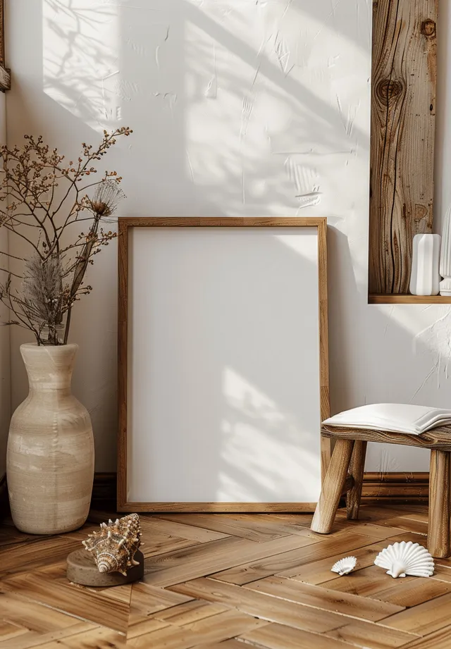 Blank rustic wooden frame mockup in a bright Scandinavian interior near a vase and wooden stool with sunlit shadows.