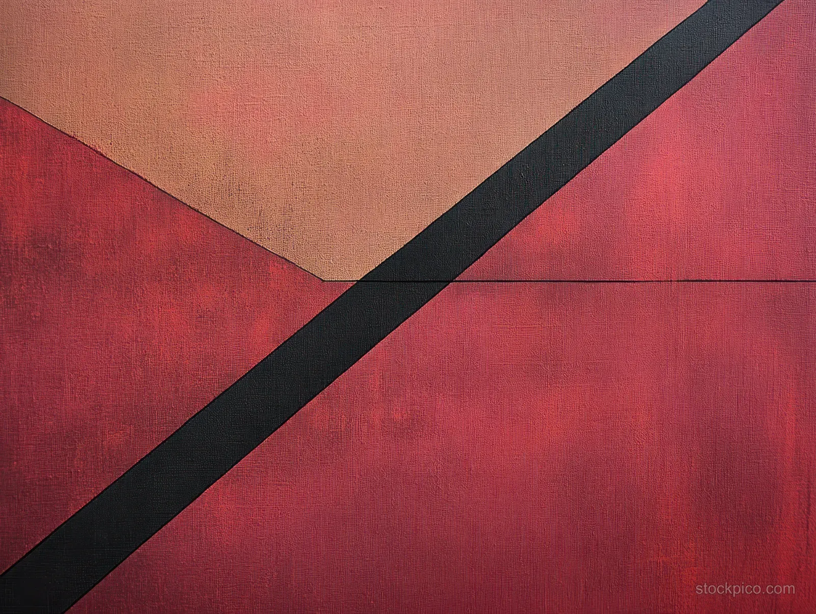 Textured red and muted pink planes are split by a bold black diagonal line across an abstract geometric background.