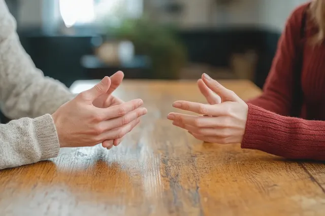 An Asian couple at a home table gestures with open hands during a serious relationship discussion.
