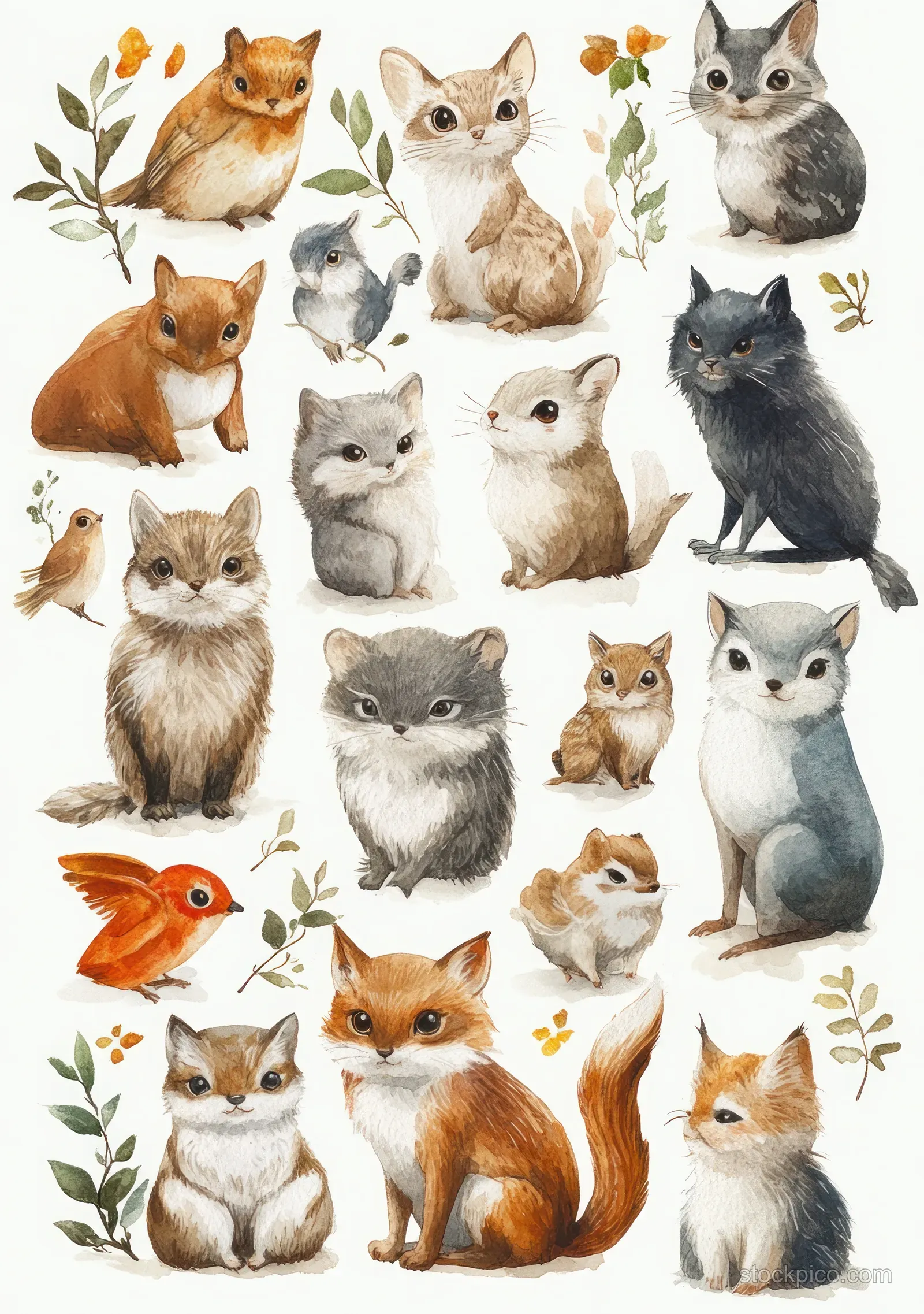 Watercolor collage of cute wild animals arranged like an alphabet poster with soft pastel leaves and flowers.
