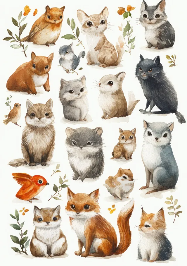 Watercolor wild animal alphabet poster with cute cats, foxes, zebras, and jungle leaves