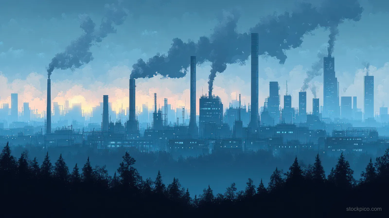 Line art industrial skyline with oil refinery smokestacks and faint haze behind silhouetted trees.
