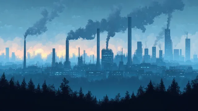 Line art industrial skyline with oil refinery smokestacks and faint haze behind silhouetted trees.