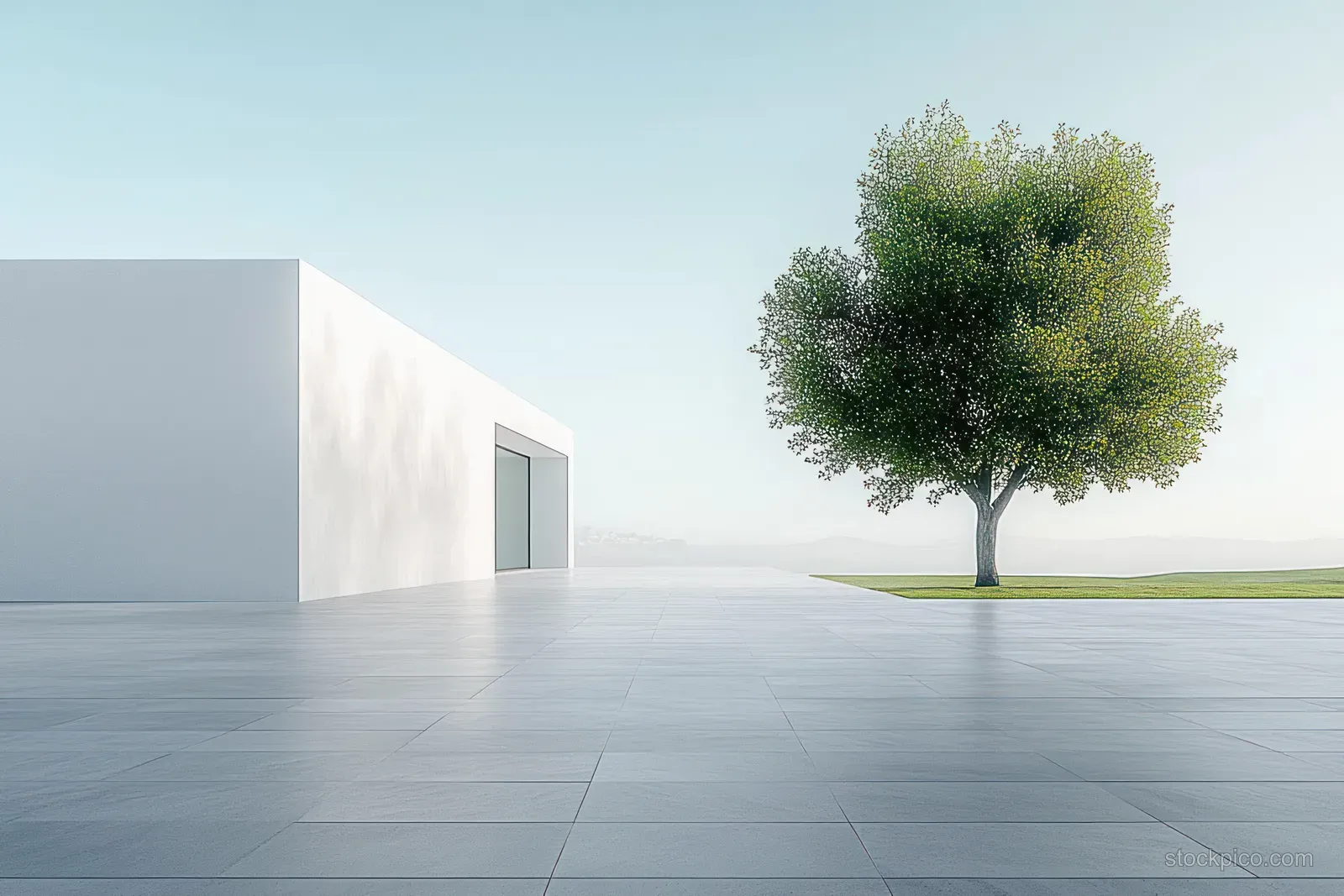 Minimalist courtyard with a white building, a solitary green tree on grass, and large tiled paving under a clear sky.