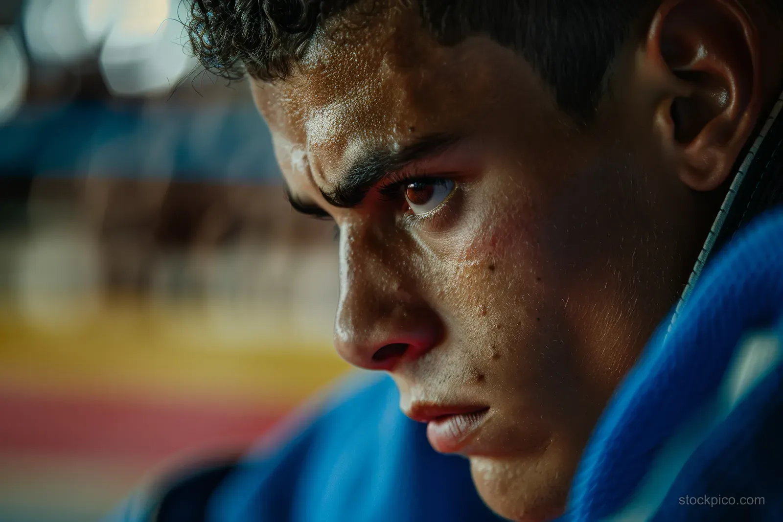 Brazilian judo competitor in a 63 kg match grips and pushes on the tatami mat.