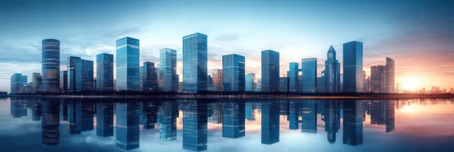 Modern glass skyscraper skyline reflected in calm harbor water at soft sunrise