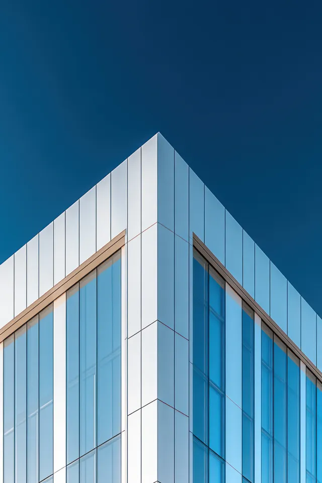 Corner of a glass and metal office building with reflective windows against a clear blue sky.