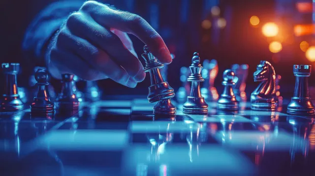 A hand moves a chess piece on a strategy board with blurred lights suggesting analytical risk planning.