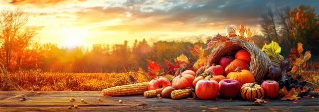 Thanksgiving cornucopia overflowing with pumpkins apples and corn on rustic table at sunset