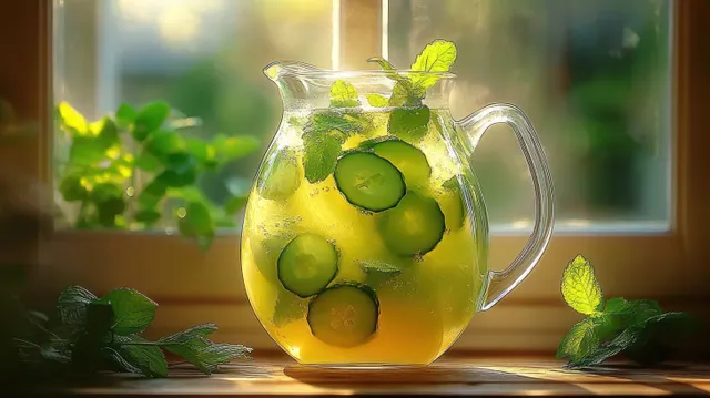 A glass pitcher of yellow cucumber and mint infused drink sits on a wooden table as sunlight streams through a window.