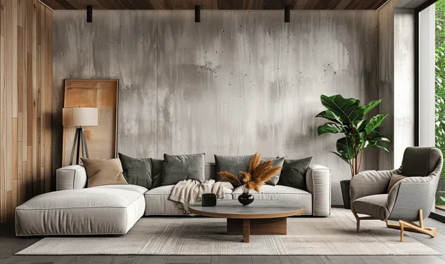 A modern living room with a beige concrete wall, wooden paneling, sofa seating, and a green potted plant.