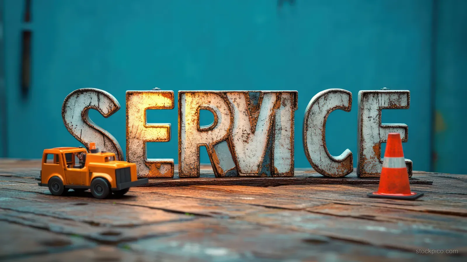 Rusty SERVICE metal letters on wood with an orange toy truck and traffic cone against a blue background.