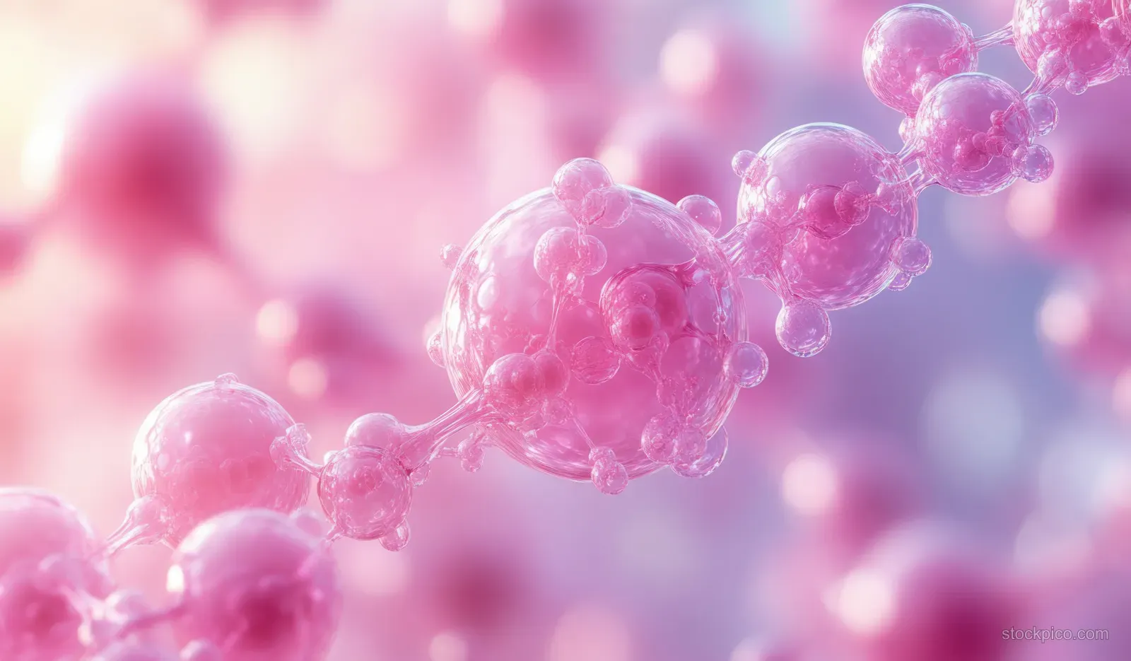 Pink molecular chains float over a soft pastel background evoking skincare chemistry and anti-aging.