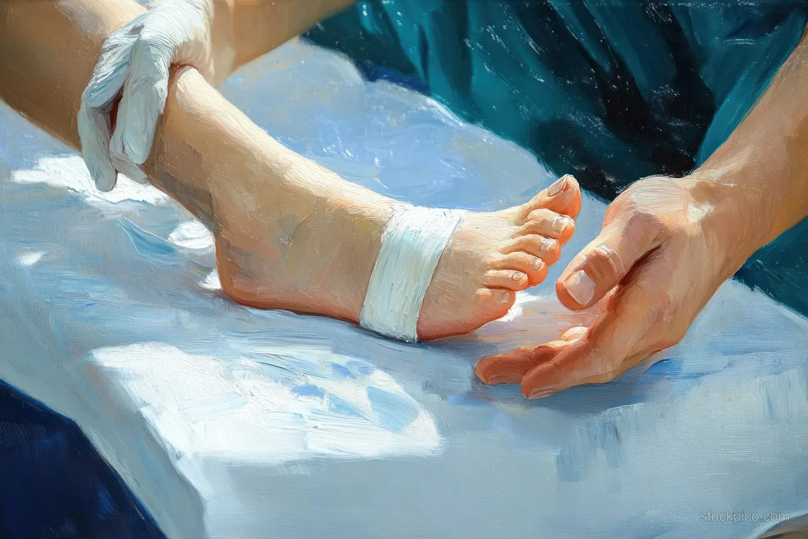 Gloved hands wrap an injured foot with a bandage on a white cloth during medical care.