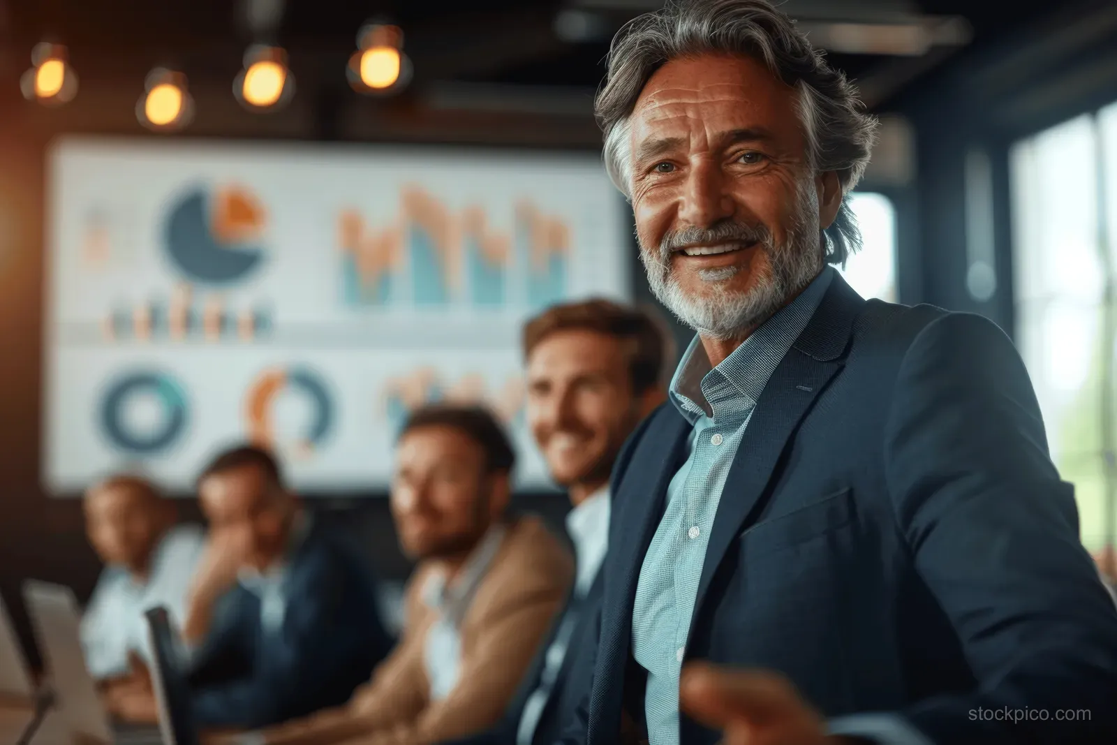 Senior manager gestures toward a projected growth chart as colleagues sit listening in a boardroom.