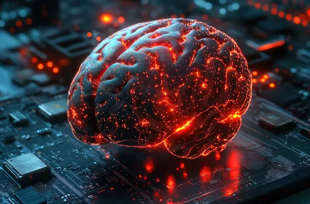 A glowing digital brain with fiery neural circuits sits on a futuristic dark computer motherboard with red lights.