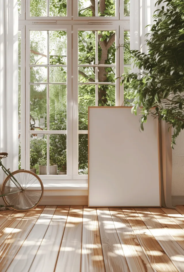 Blank canvas mockup by window with bicycle and bright Scandinavian interior
