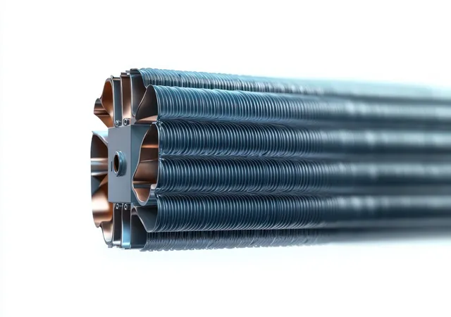 Metal heat exchanger tube end with tightly packed fins and reflective machined surfaces.