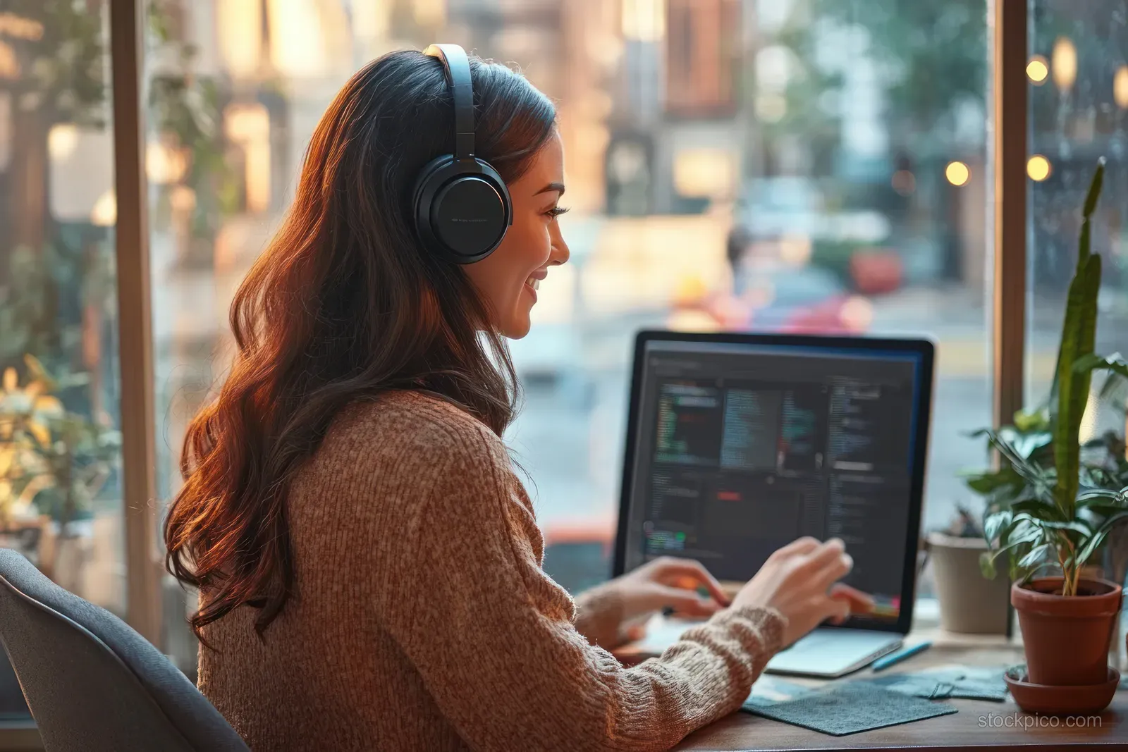 Latina businesswoman on a video call at a laptop in a cozy home office with warm window light.