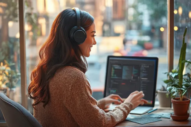 Latina businesswoman on a video call at a laptop in a cozy home office with warm window light.