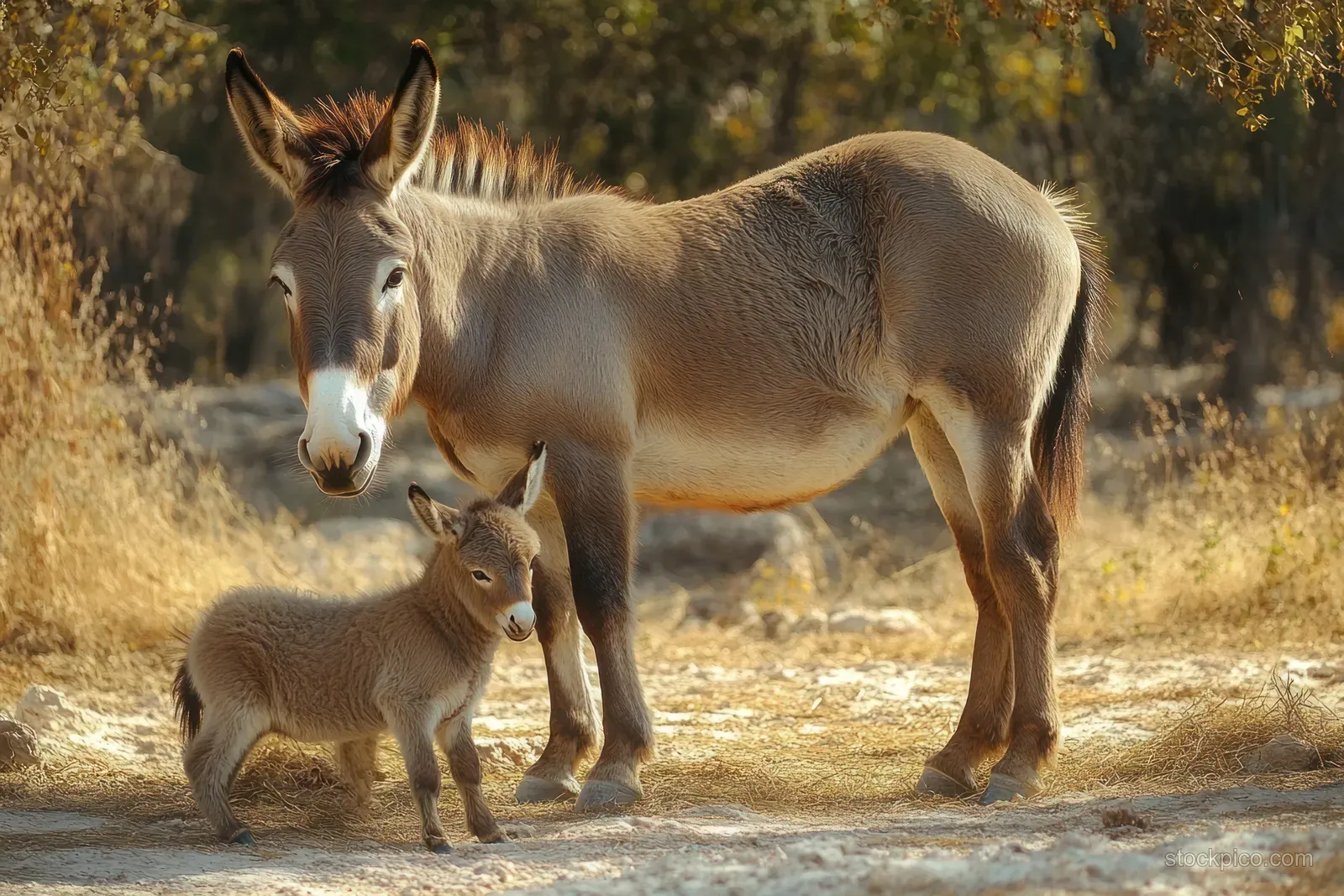 A mother and young mini donkey stand together on sandy ground in warm summer sunlight.