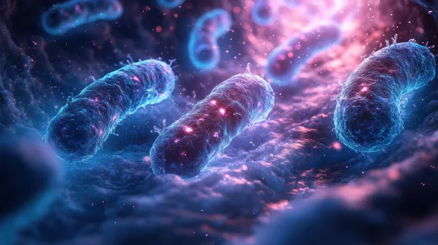 Blue and pink bioluminescent bacteria-like cells swirl inside a luminous vortex with glowing particle trails.