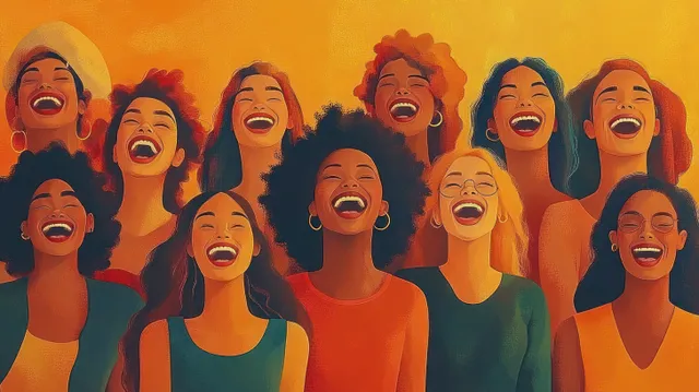 Diverse women laughing together with eyes closed against warm orange yellow gradient backdrop