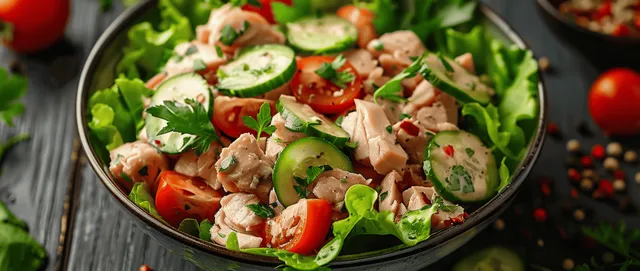 Fresh chicken salad bowl with cucumber, tomato, and lettuce leaves on rustic wood table