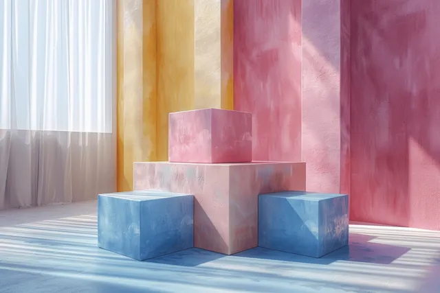 Pastel translucent cubes stacked on a light stage with soft shadows and vertical color panels in the background.