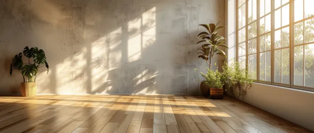 Empty minimal room with wooden floor, white walls, large window, and potted plants in sunlit light.