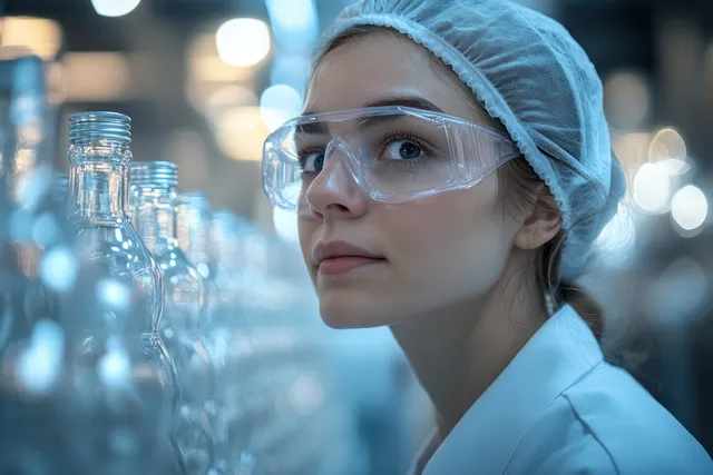 Female chemist in a blue hair cover bottles clear liquid among glass containers in an industrial lab.