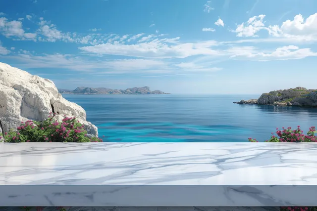 Marble tabletop overlooking calm blue sea and sky in Greece