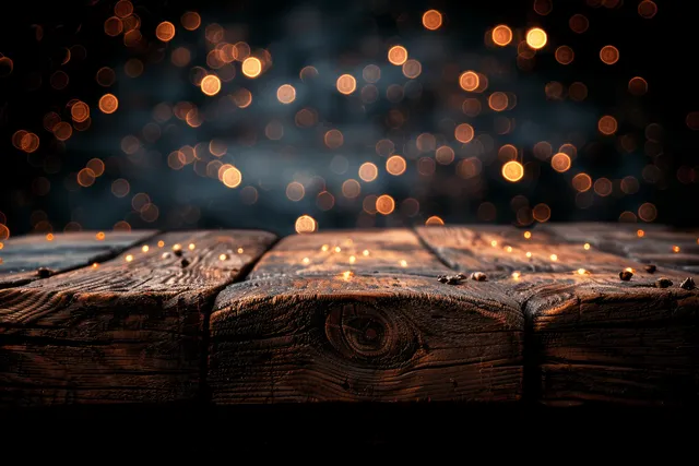 Weathered wooden table surface in the foreground with warm blurred bokeh lights in the dark background.