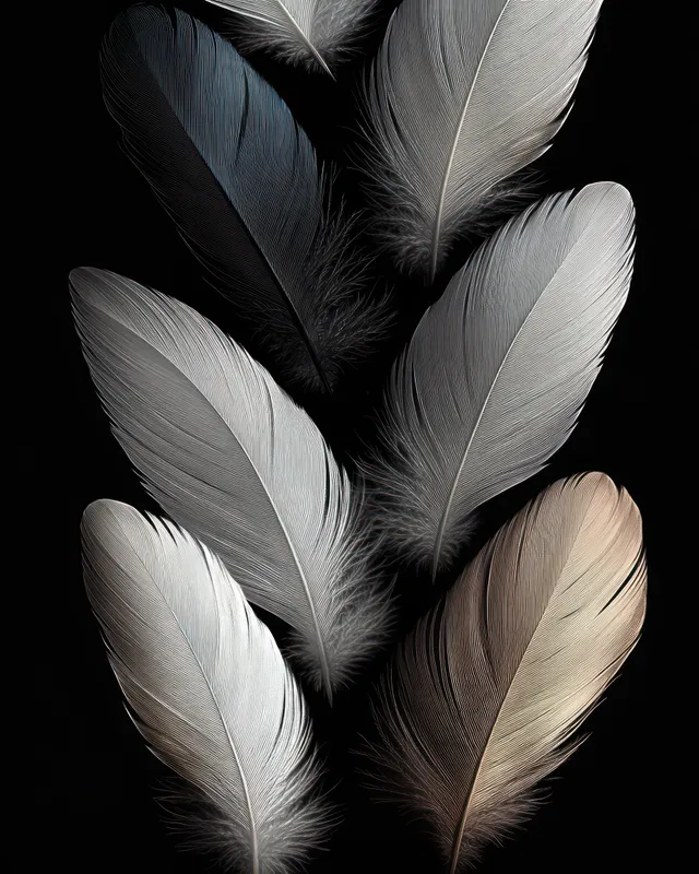 Layered white and gray feathers arranged on a black background with soft texture and shadows.