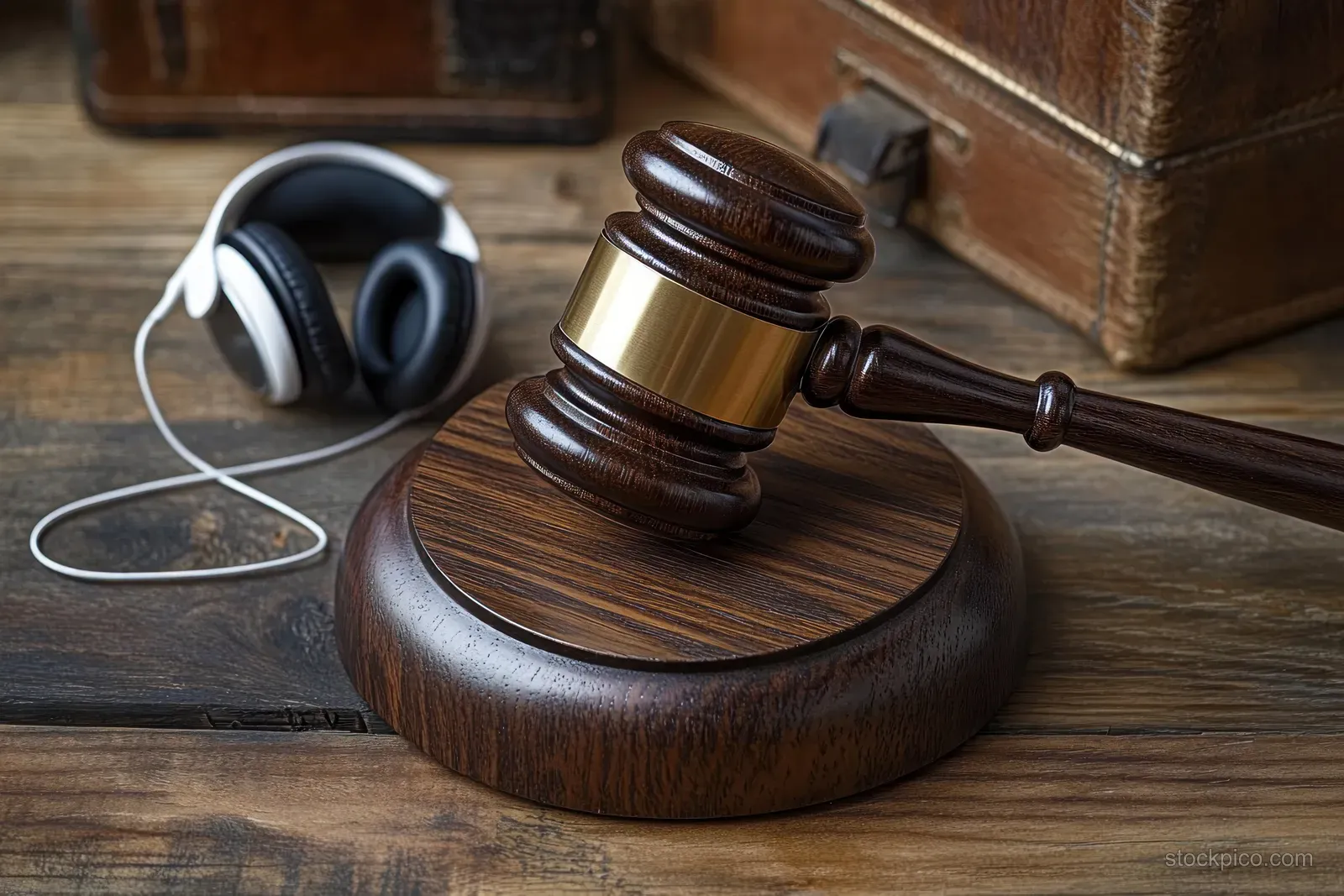 A judge’s gavel on a wooden desk next to headphones and tangled audio cables.