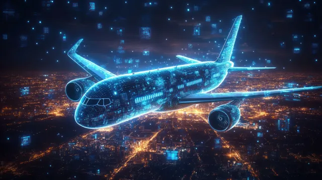 A glowing airplane emits blue data streams while flying over a lit night city with digital light trails.
