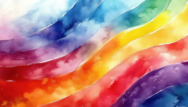 Rainbow watercolor stripes flow diagonally with soft blended gradients and textured paint streaks.