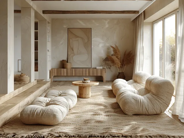 Minimalist living room interior with a grey sofa, wooden table, beige decor, and daylight through curtained windows.