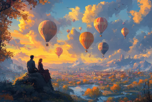 A couple watches colorful hot air balloons float over Cappadocia valleys at sunrise.