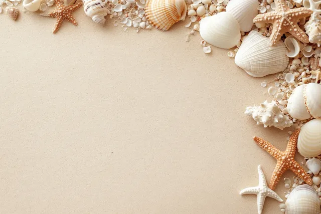 Top view of sandy beach with seashells and starfish arranged around a clean central space.