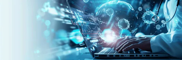 A doctor’s hand reaches toward a glowing holographic interface projecting connected medical data across a digital network.