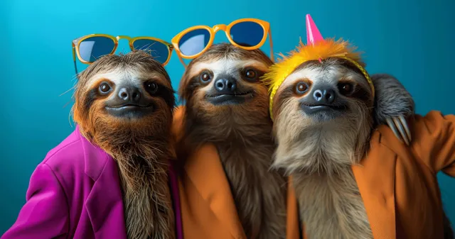 Two friendly sloths in colorful party outfits and glasses pose together on a bright blue background.