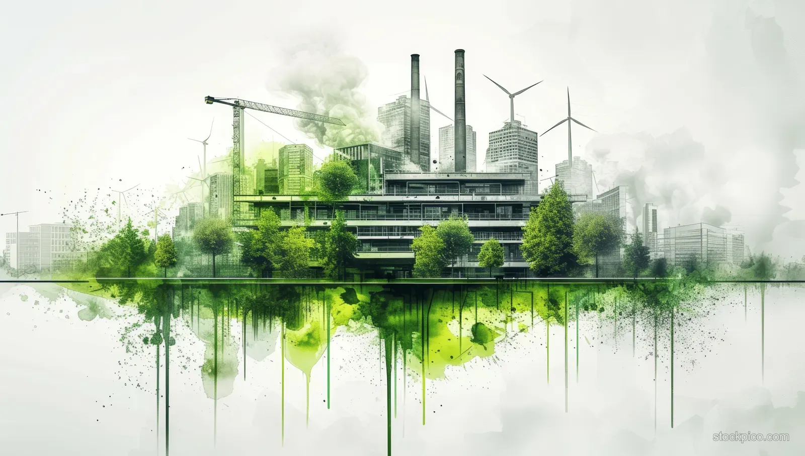 Watercolor green industrial city with wind turbines and factory rooftops, reflected in misty water.