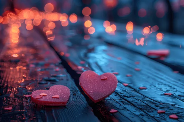 Pink Heart-Shaped Decorations on Wet Wooden Table with Warm Bokeh Lights